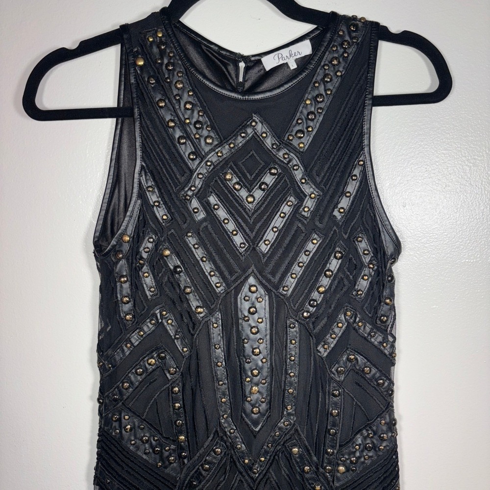 Parker Rodan Dress Sz L Black Studded Sleeveless Bodycon Mini Goth Clubwear - Picture 4 of 12